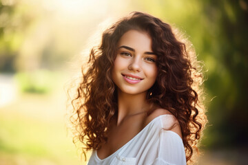 Naklejka premium Confident Young Woman Model Natural Background . Сoncept Young Womans Selfconfidence, Modeling In Natural Settings, Successful Women In Media, Fashion Photography