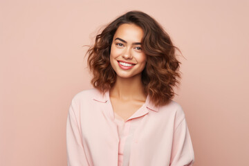Fototapeta premium A Smiling Woman In A Pink Shirt. Сoncept Making Positive Changes In Your Life, The Power Of Smiling, Womens Style And Confidence, Benefits Of Wearing Pink