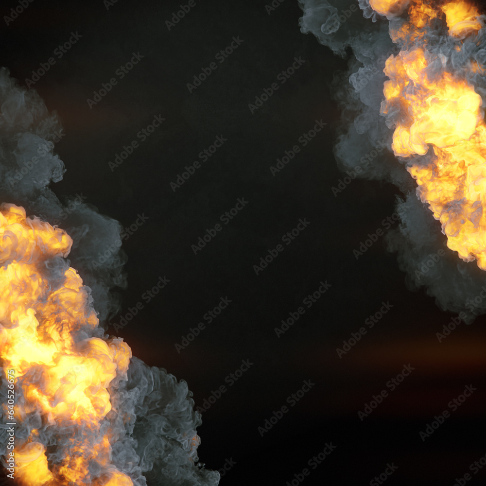 Poster close up explosions with dark smoke on black background. modern 3d rendering graphic. digital illust
