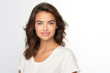 Fototapeta premium Confident Young Woman Model On White Background . Сoncept Building Selfconfidence, Female Representation In The Media, Becoming A Successful Model, Significance Of A White Background