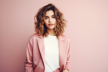 Obraz premium Fashionable Young Woman Model On Pastel Background. Сoncept Fashion Trends, Modest Outfits, Youth Culture, Pastel Aesthetics
