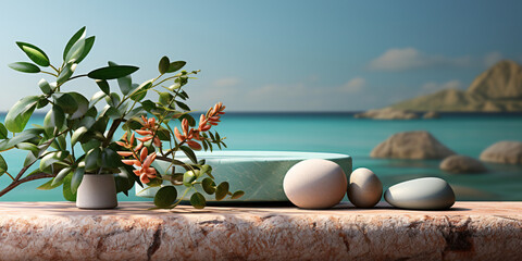 Beautiful spa composition with flowers and stones on a background of water. Podium for product presentation with leaves and branch. Podium for product presentation with plants and copy space.
