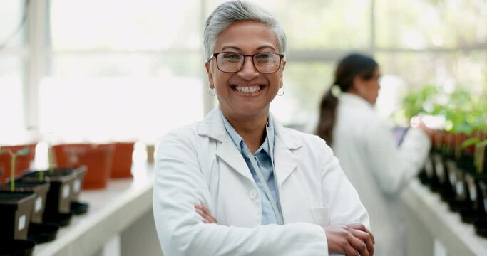 Scientist, face and woman with arms crossed in greenhouse for botany research. Science portrait, mature medical professional and confident botanist in agriculture, happy or smile with glasses at farm