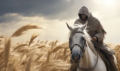 Fototapeten Photo of a man riding a white horse through a beautiful wheat field © uhdenis