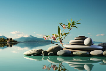 zen stones and flowers on a lake in front of mountains and blue sky. Podium for product presentation with plants and copy space.