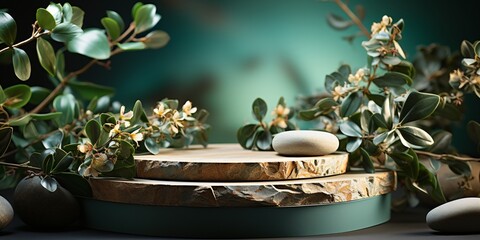 3d render of beige marble podium with eucalyptus branches on green background. Podium for product presentation with plants and copy space.