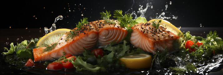 Schöner Lachs für Sushi wunderbar angerichtet in Querformat als Banner, ai generativ