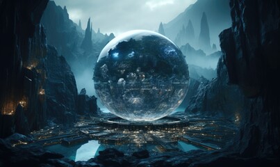 Photo of a futuristic city with a mesmerizing crystal ball as its centerpiece