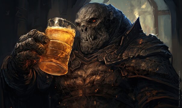 Photo of an armored man enjoying a glass of beer