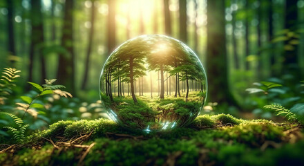 AI Generated. A glass ball with a forest reflected inside, lying on the grass against the backdrop of a forest landscape.
