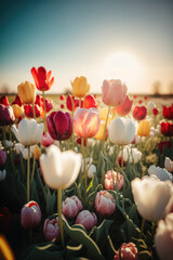 Fototapeta na wymiar Field of blooming tulips. Pastoral landscape. Spring flowering. Generative AI