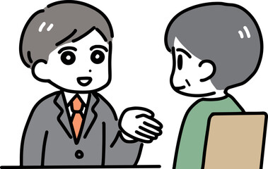 スーツの男性と笑顔で話す私服のシニア男性