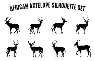 African antelope vector silhouette bundle, Black silhouettes of antelope Animals isolated on a white background - obrazy, fototapety, plakaty