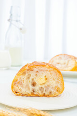 ciabatta bread, indoor closeup, white background, photographic shot