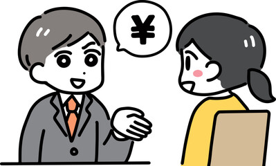 お金の話をする怪しい営業マンと若い女性(上半身)