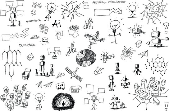 hand drawn architectural sketches of artificial intelligence topics and robots and future and science topics and machine learning and circuits and networks