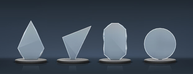 Clear glass trophy awards isolated vector set. Glossy board and clear panel trophy illustration