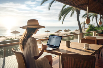 Happy young woman using laptop in cafe on tropical beach during summer vacation holiday, Beautiful business woman working at tropical beach cafe, Freelance work