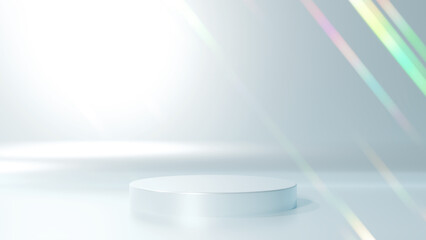 銀色背景と台座。輝くカラフルな光。（横長）