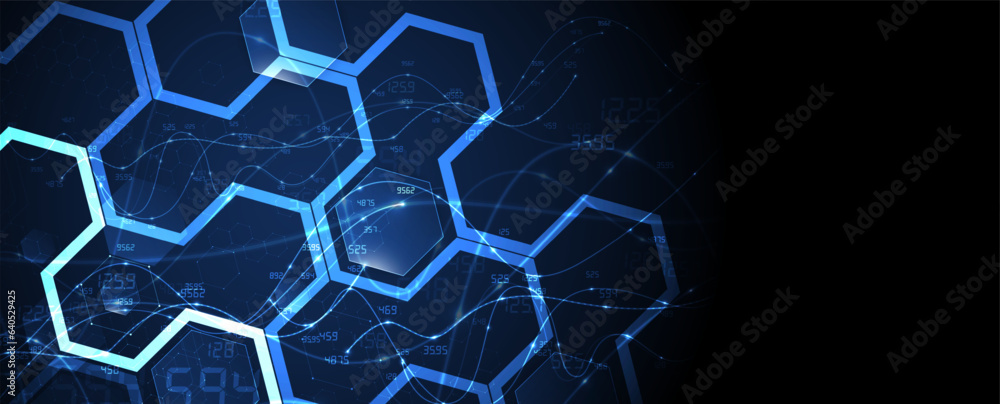 Poster Technology banner design with hexagons abstract background.
