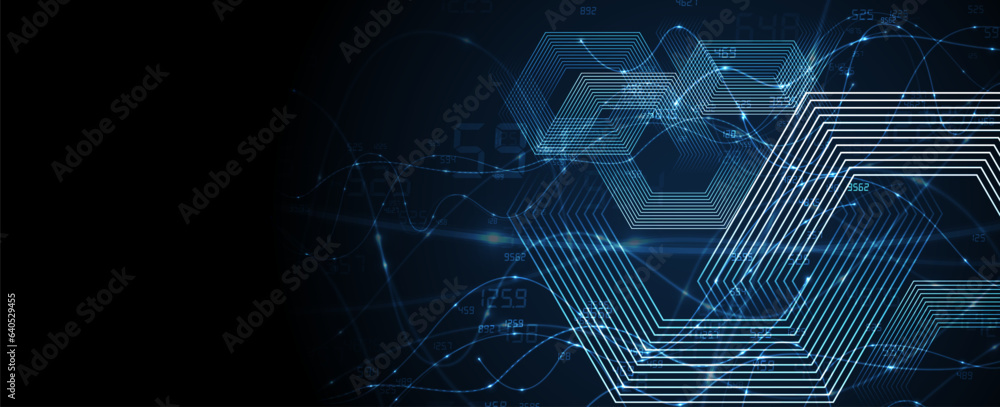 Poster Technology banner design with hexagons abstract background.