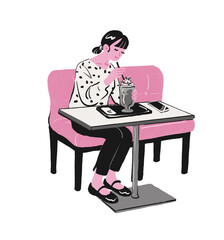 カフェでデザートを食べる若い女性のイラスト