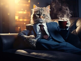 A kitten in a business suit and tie sitting on the couch and drinking coffee.