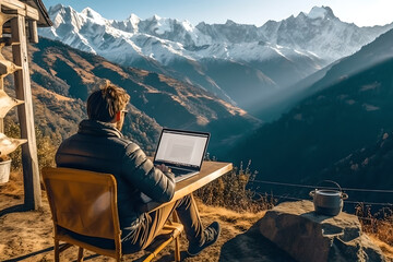 Young man traveler using laptop computer while enjoying beautiful snow mountain during summer journey. Male freelance working on his laptop during summer vacation holidays. Freelance lifestyle concept