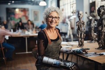 Portrait of smiling female artist working with metal sculpture in art studio