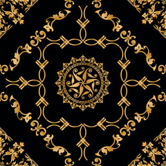 Seamless pattern decorated with precious stones, gold chains and pearls.	