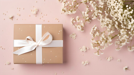 Gift box with white satin ribbon bow and branch of gypsophila flower on pastel background. Top view with copy space