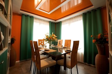 Dining room interior in orange and green khaki colors