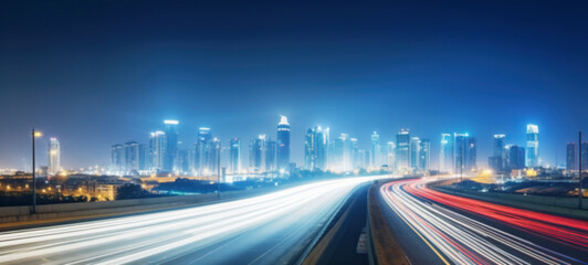 Obraz premium Abstract light background City road light, night highway lights, traffic with highway road motion lights, long exposure, blurred image