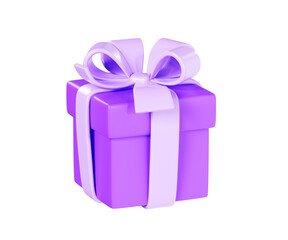 Purple closed gift box with ribbon and bow 3d render illustration