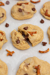 Chocolate Chip Pretzel Cookies with melted chocolate