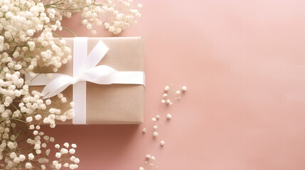 Gift box with white satin ribbon bow and branch of gypsophila flower on pastel background. Top view with copy space