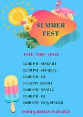 Illustration of flamingo and sun with summer fest, date, time, venue, timings, singer, band, dj text