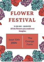 Illustration of flowers and flower festival, 9 am to 6 pm, sep 10th 2024, the orange farm text