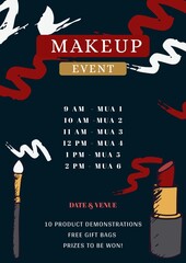 Illustration of makeup event, timings and mua 1,2,3,4,5,6, date, venue, 10 product demonstrations