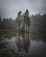 Fog over river in the morning in Sierra Entzia Natural Park, Alava