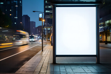 Empty white blank street billboard at night, blank white glowing signboard on roadside in city at night time, Promotional poster mock up