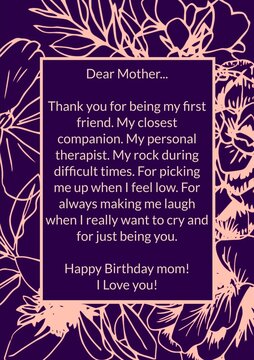 Illustration of notes for mother with happy birthday mom and i love you text over floral pattern