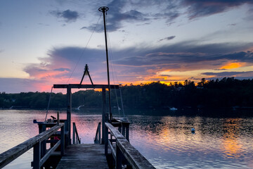Dock on the Sheepscot River near Edgecomb, Maine, at sunset.