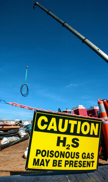 Gas caution sign at shipyard in Lake Charles, Louisiana