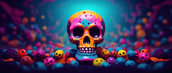 Psychedelic surreal neon glow color Halloween skull ruling the undead ultraviolet world, trippy horrific cool widescreen desktop wallpaper poster - generative AI