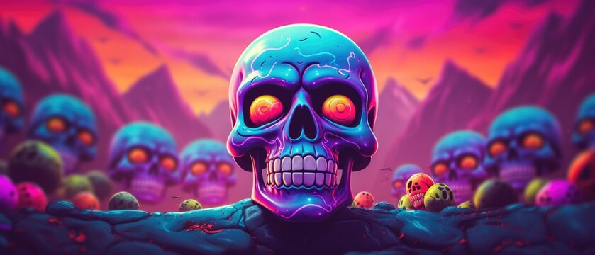 Psychedelic surreal neon glow color Halloween skull ruling the undead ultraviolet world, trippy horrific cool widescreen desktop wallpaper poster - generative AI