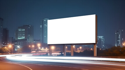 Blank billboard sign on city highway at night, Outdoor advertising banner on the street for advertisement street city. Promotional poster mock up