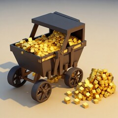 Digital Gold Mine: Pixelated 3D Mine Cart Loaded with Precious Gold Nuggets