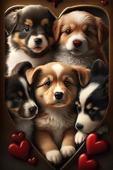 puppies on a black background, very cute arranged with a red heart of mexico decoration