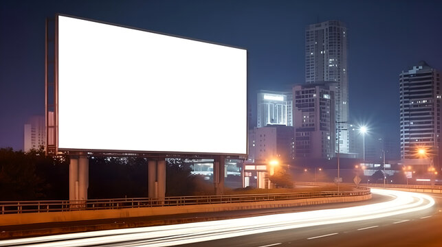 Blank billboard sign on city highway at night, Outdoor advertising banner on the street for advertisement street city. Promotional poster mock up